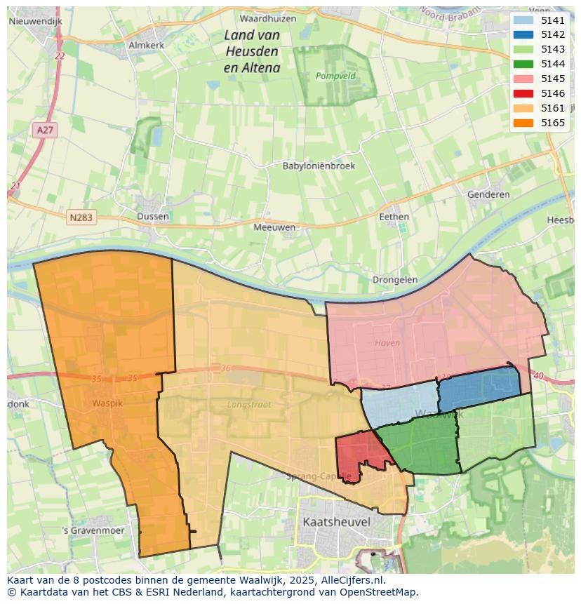 Afbeelding van de postcodes in de gemeente Waalwijk op de kaart.