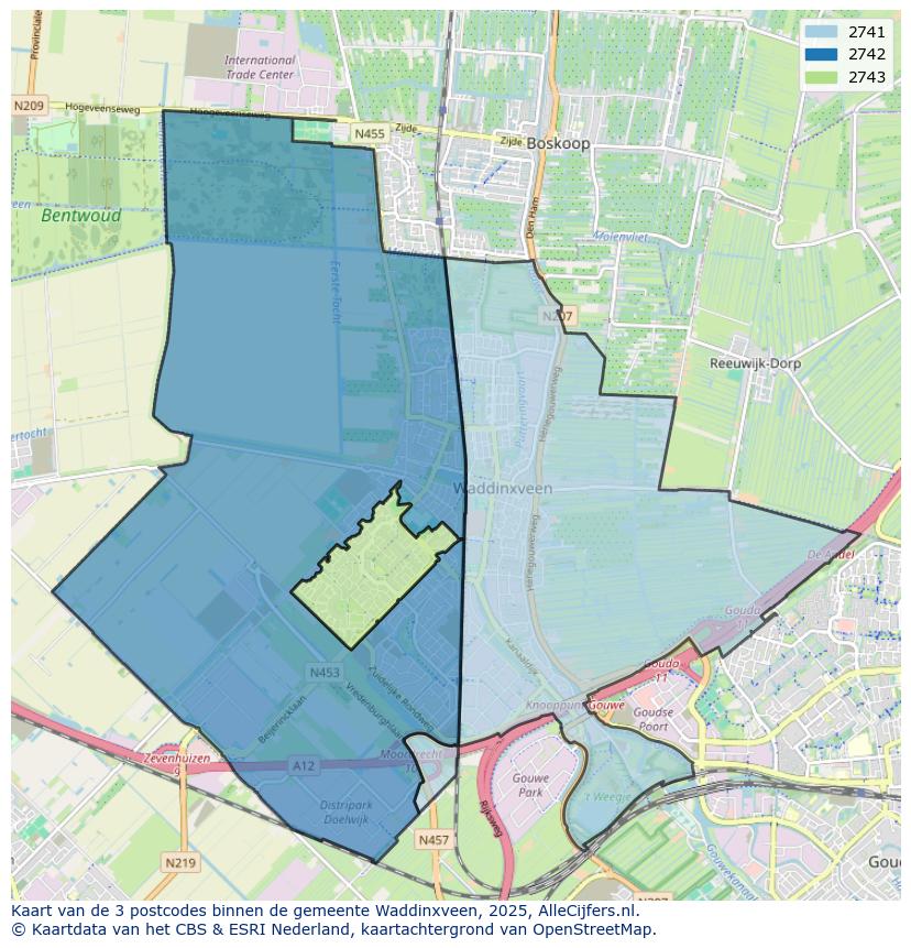 Afbeelding van de postcodes in de gemeente Waddinxveen op de kaart.