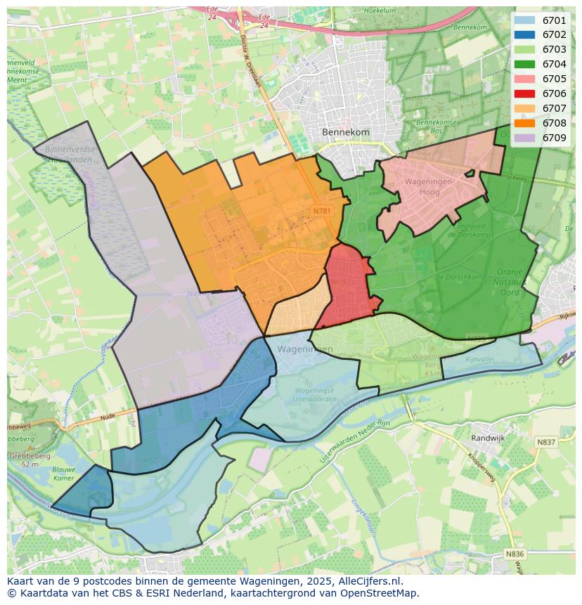 Afbeelding van de postcodes in de gemeente Wageningen op de kaart.