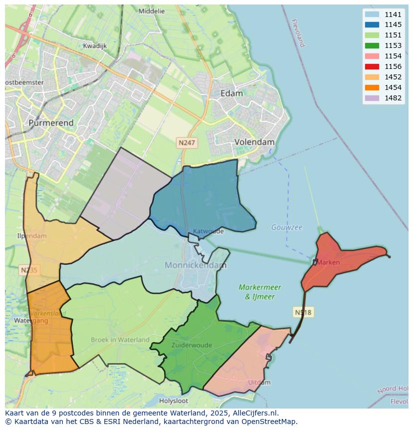 Afbeelding van de postcodes in de gemeente Waterland op de kaart.