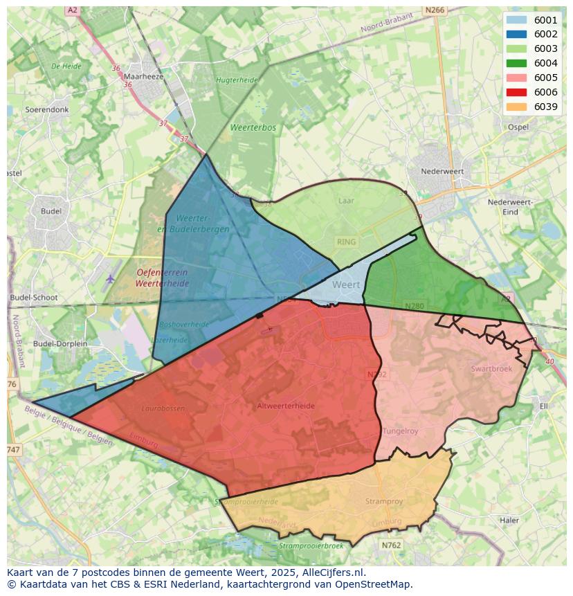 Afbeelding van de postcodes in de gemeente Weert op de kaart.