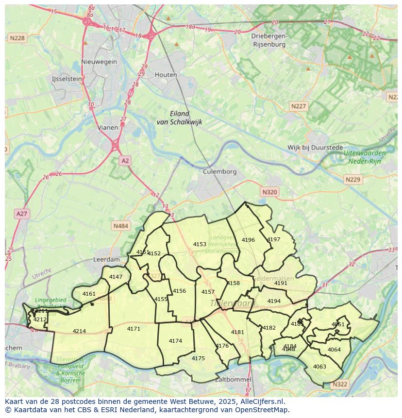 Afbeelding van de postcodes in de gemeente West Betuwe op de kaart.