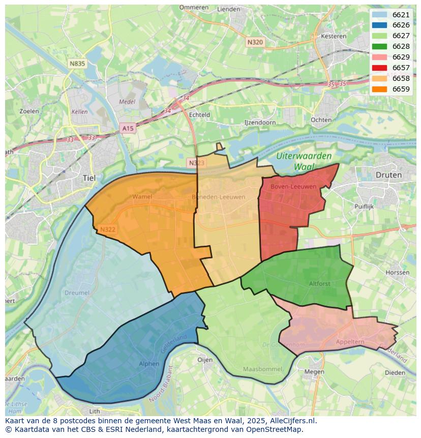 Afbeelding van de postcodes in de gemeente West Maas en Waal op de kaart.