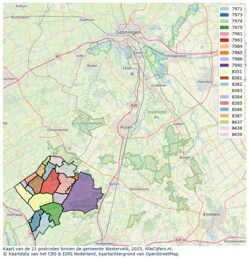 Afbeelding van de postcodes in de gemeente Westerveld op de kaart.