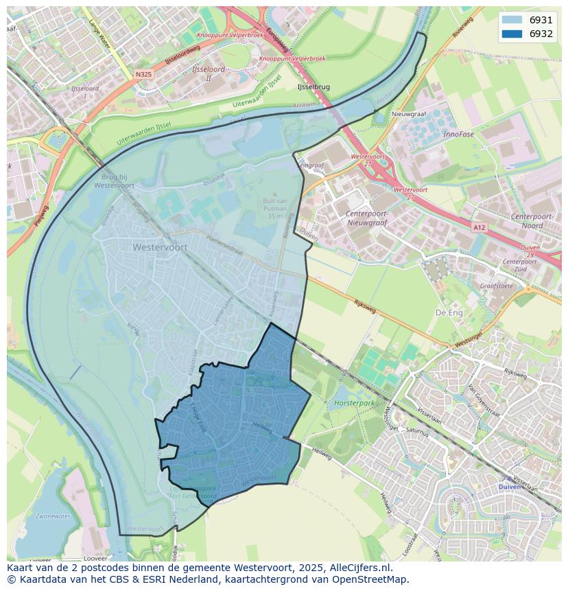Afbeelding van de postcodes in de gemeente Westervoort op de kaart.