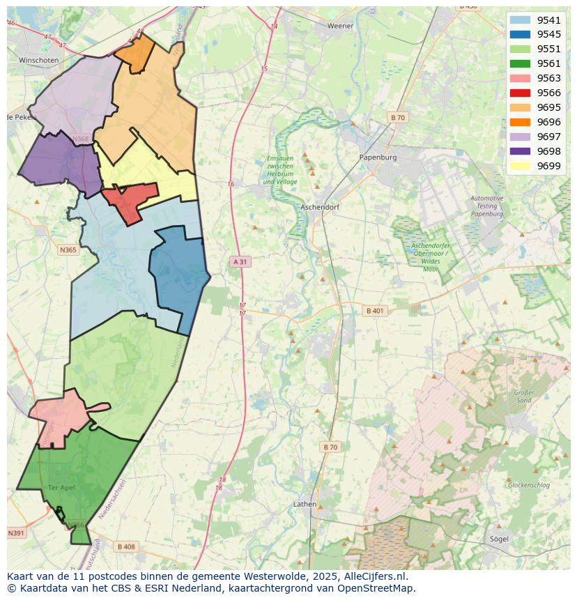 Afbeelding van de postcodes in de gemeente Westerwolde op de kaart.
