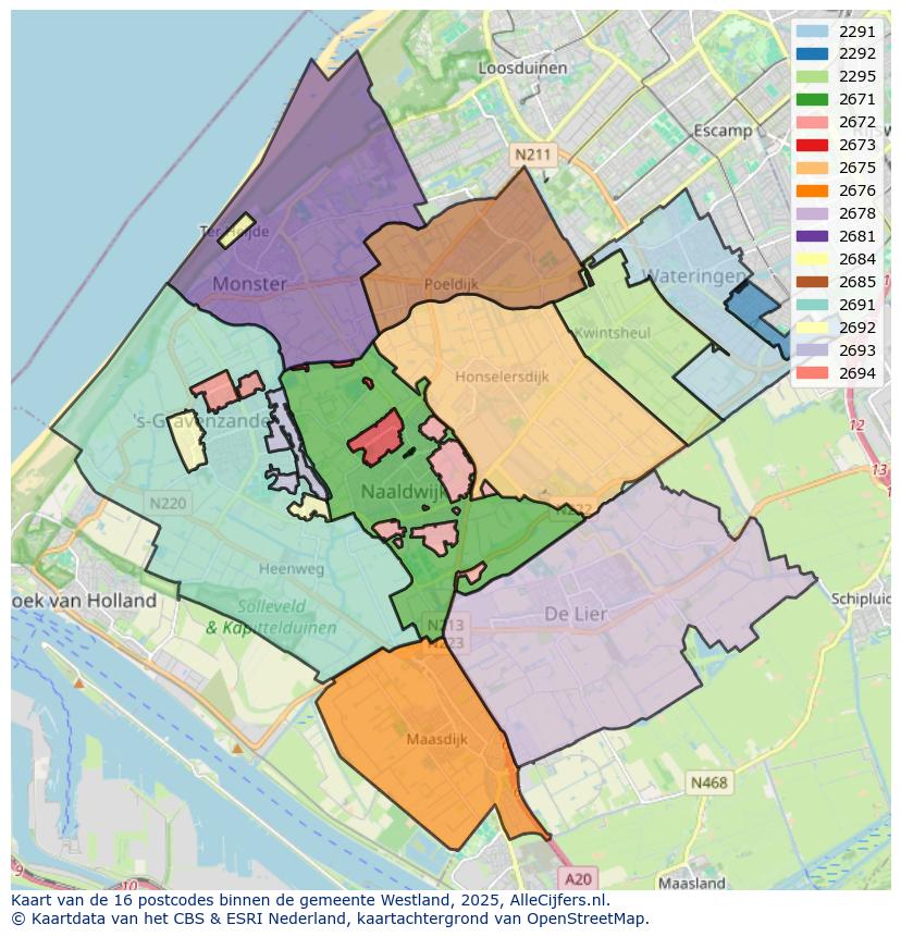 Afbeelding van de postcodes in de gemeente Westland op de kaart.