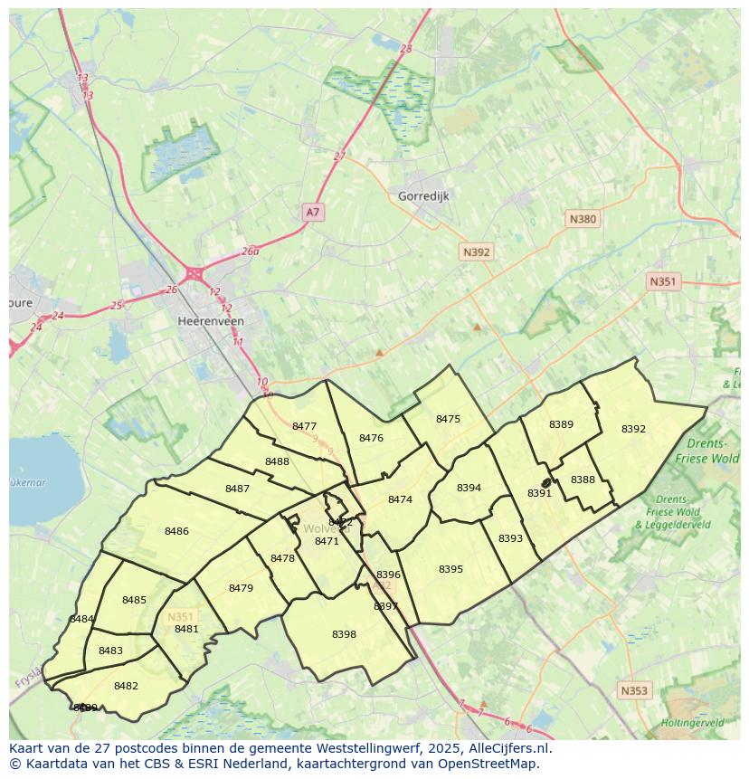 Afbeelding van de postcodes in de gemeente Weststellingwerf op de kaart.