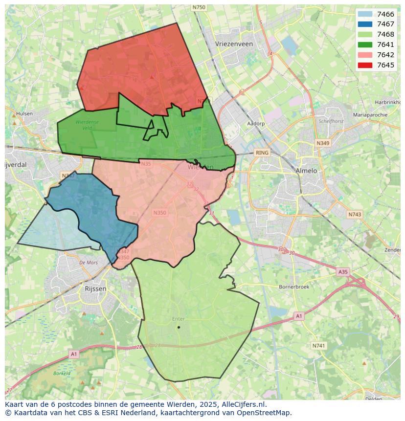 Afbeelding van de postcodes in de gemeente Wierden op de kaart.