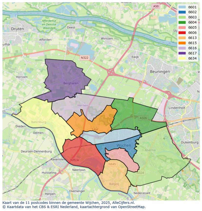 Afbeelding van de postcodes in de gemeente Wijchen op de kaart.