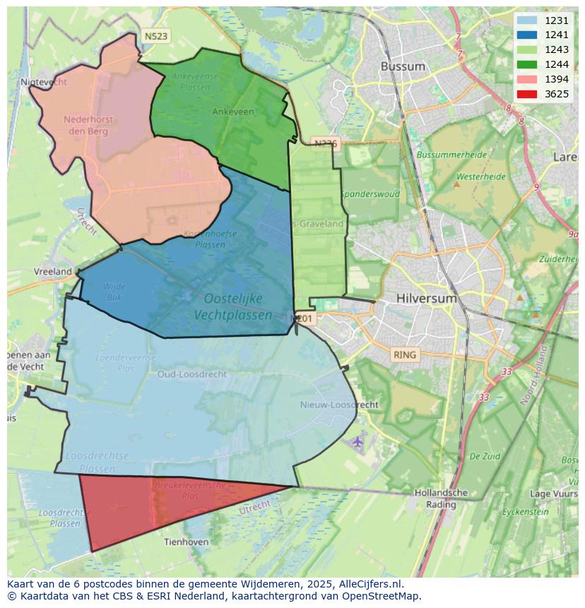 Afbeelding van de postcodes in de gemeente Wijdemeren op de kaart.