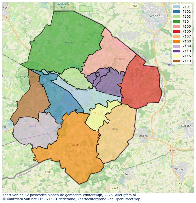 Afbeelding van de postcodes in de gemeente Winterswijk op de kaart.