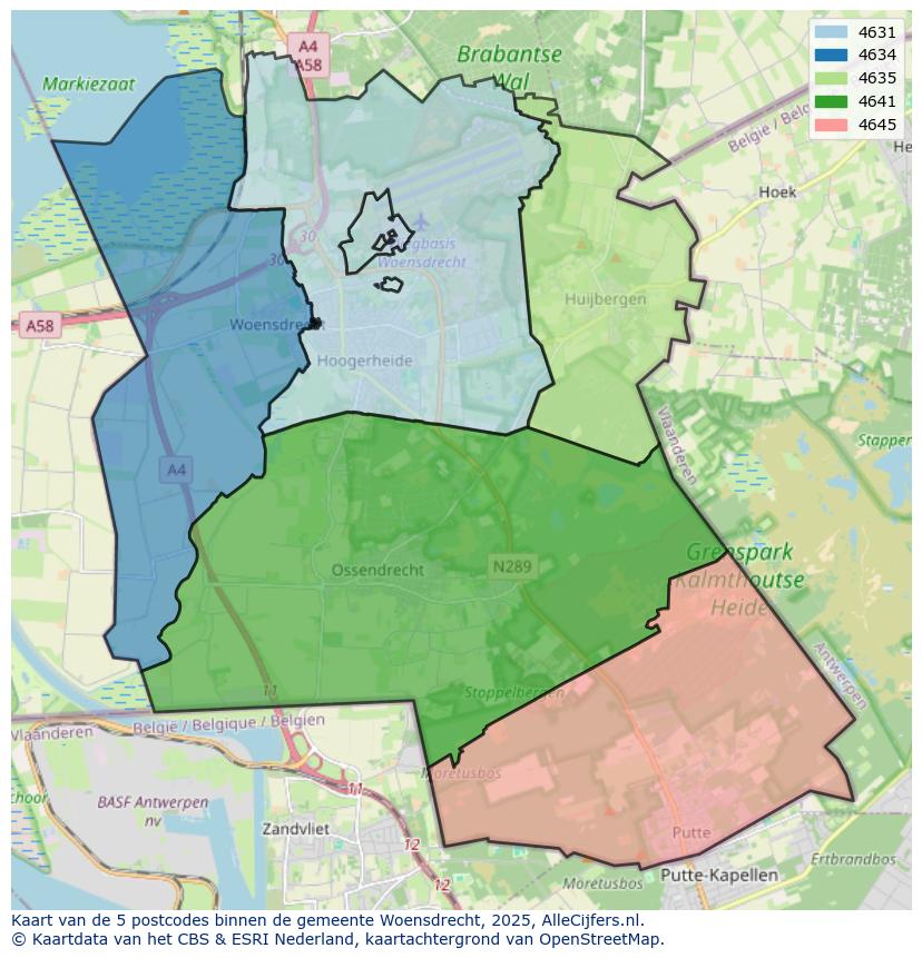Afbeelding van de postcodes in de gemeente Woensdrecht op de kaart.
