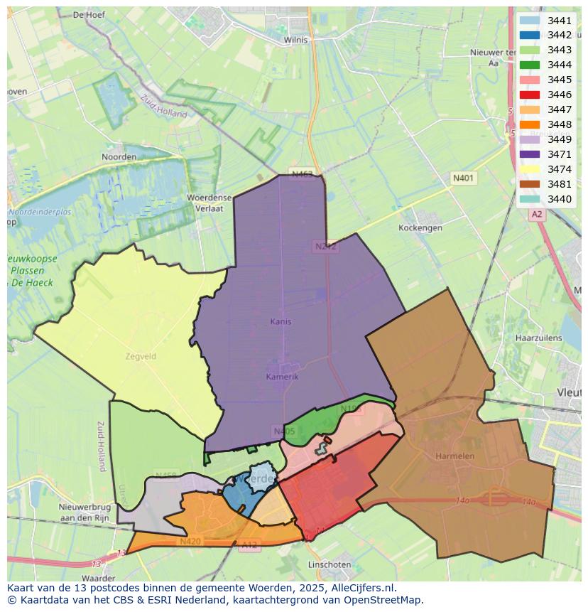 Afbeelding van de postcodes in de gemeente Woerden op de kaart.