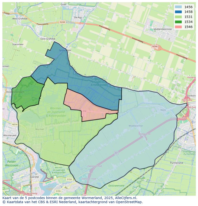 Afbeelding van de postcodes in de gemeente Wormerland op de kaart.