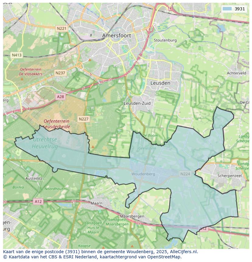 Afbeelding van de postcodes in de gemeente Woudenberg op de kaart.