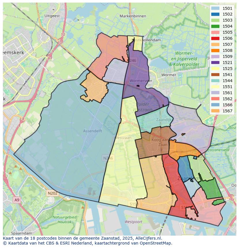 Afbeelding van de postcodes in de gemeente Zaanstad op de kaart.