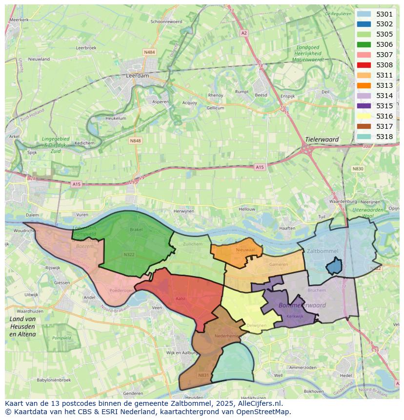 Afbeelding van de postcodes in de gemeente Zaltbommel op de kaart.