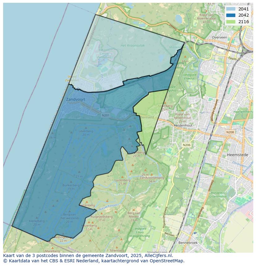 Afbeelding van de postcodes in de gemeente Zandvoort op de kaart.