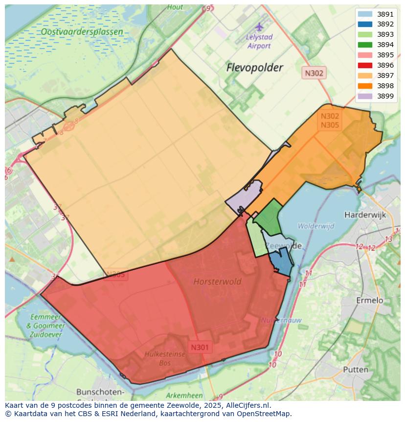 Afbeelding van de postcodes in de gemeente Zeewolde op de kaart.