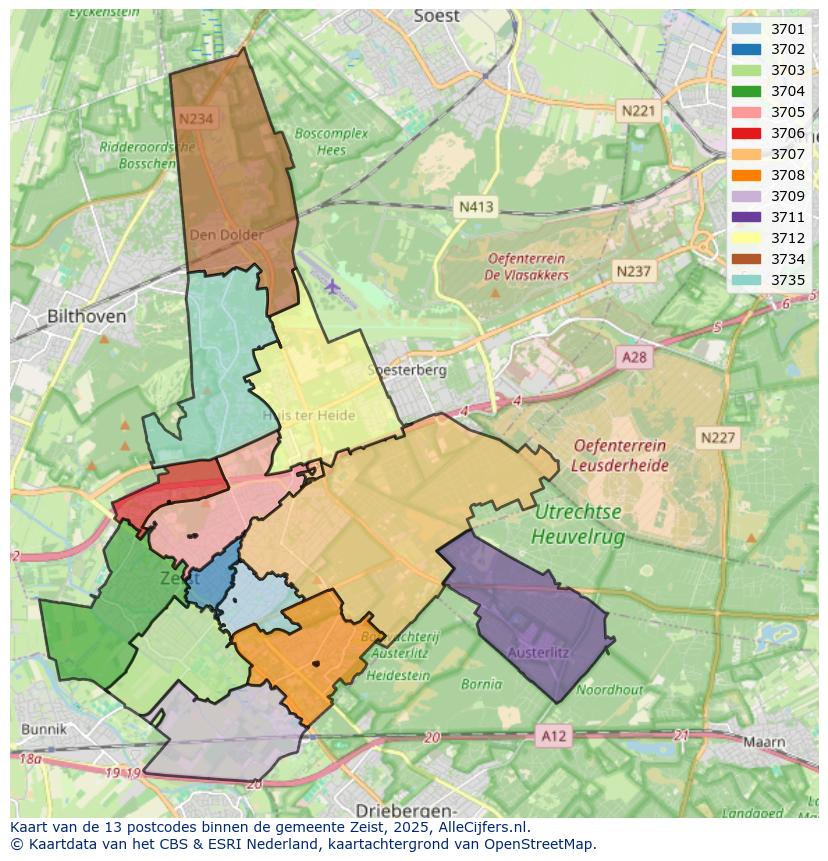 Afbeelding van de postcodes in de gemeente Zeist op de kaart.