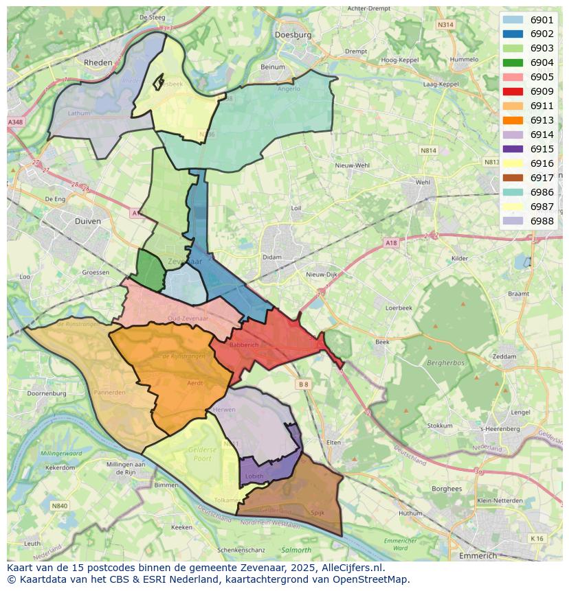 Afbeelding van de postcodes in de gemeente Zevenaar op de kaart.