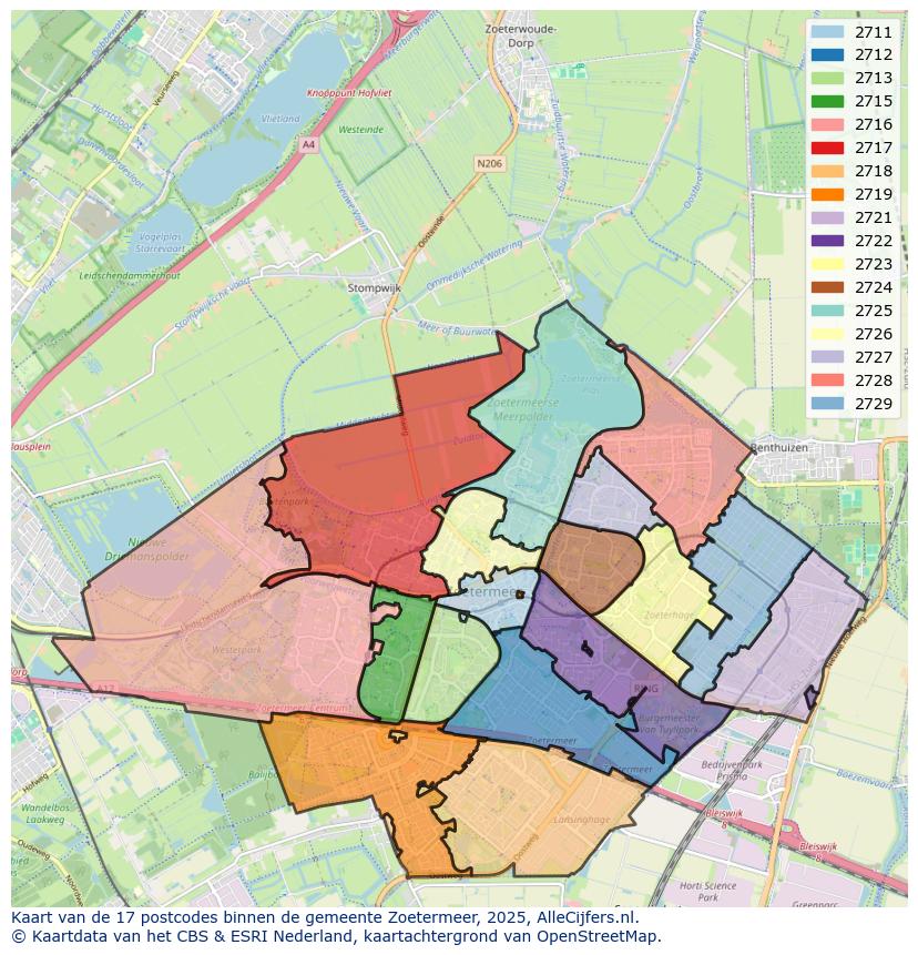 Afbeelding van de postcodes in de gemeente Zoetermeer op de kaart.