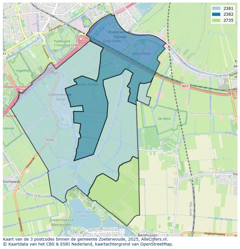 Afbeelding van de postcodes in de gemeente Zoeterwoude op de kaart.