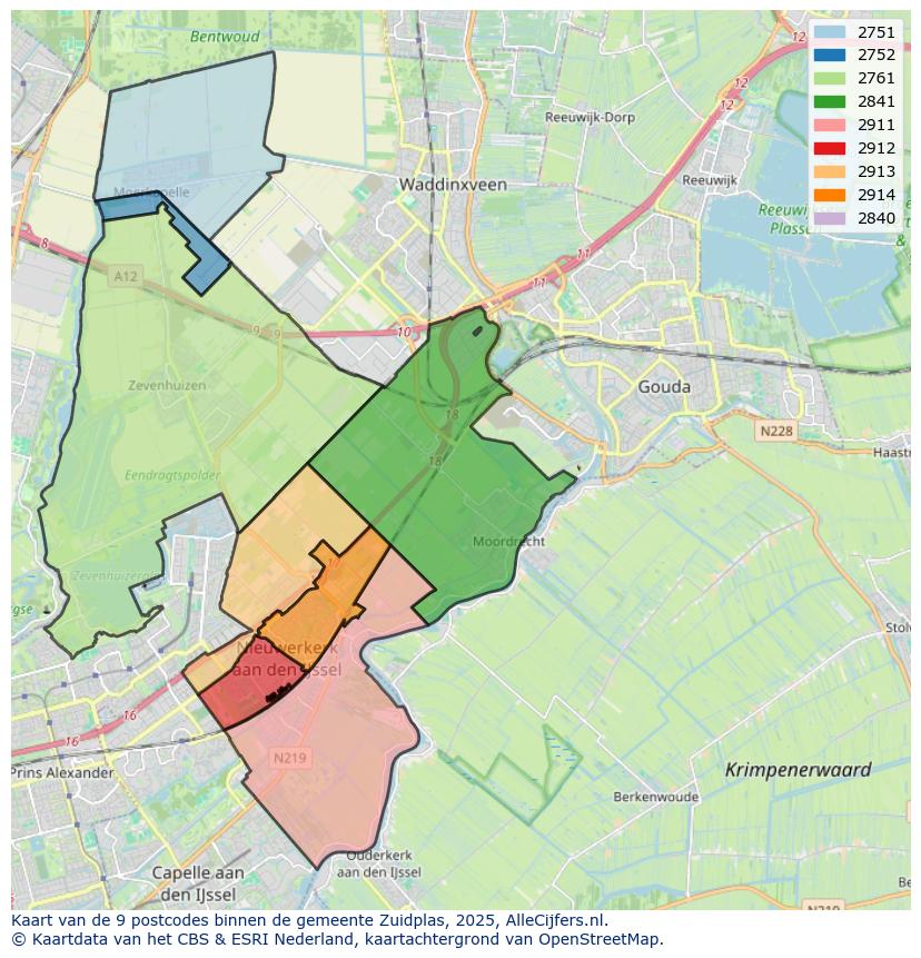 Afbeelding van de postcodes in de gemeente Zuidplas op de kaart.