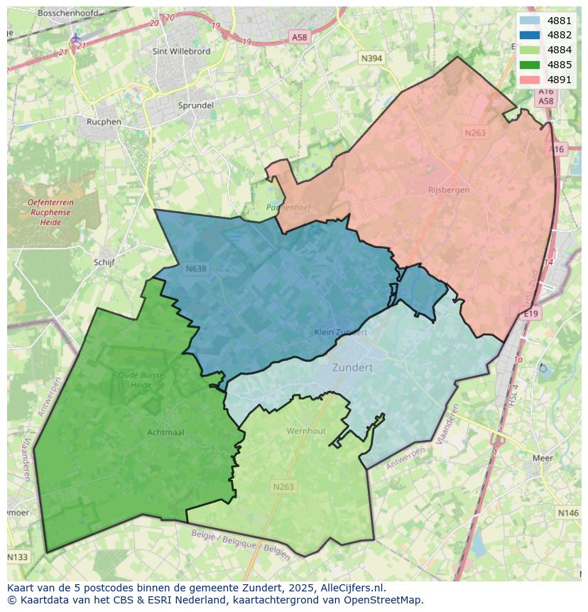 Afbeelding van de postcodes in de gemeente Zundert op de kaart.