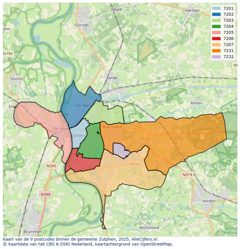 Afbeelding van de postcodes in de gemeente Zutphen op de kaart.