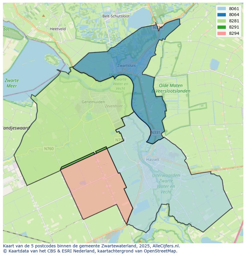 Afbeelding van de postcodes in de gemeente Zwartewaterland op de kaart.