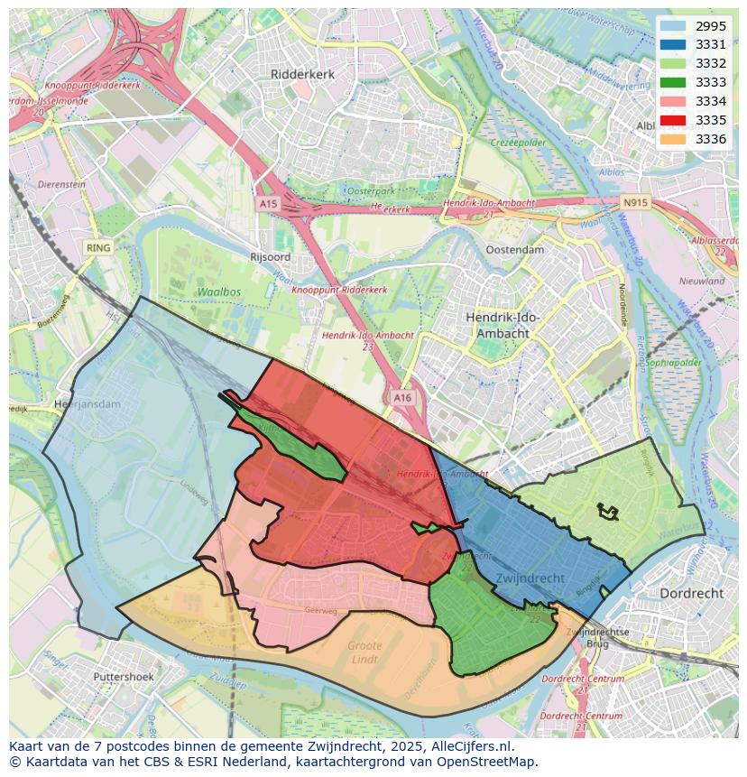 Afbeelding van de postcodes in de gemeente Zwijndrecht op de kaart.