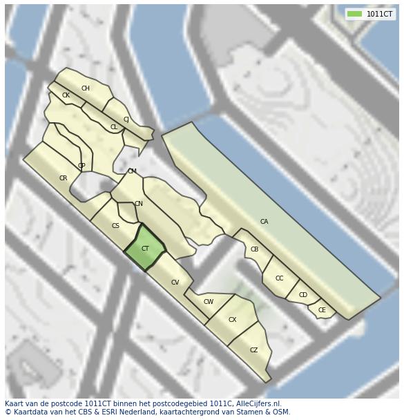 Afbeelding van het postcodegebied 1011 CT op de kaart.