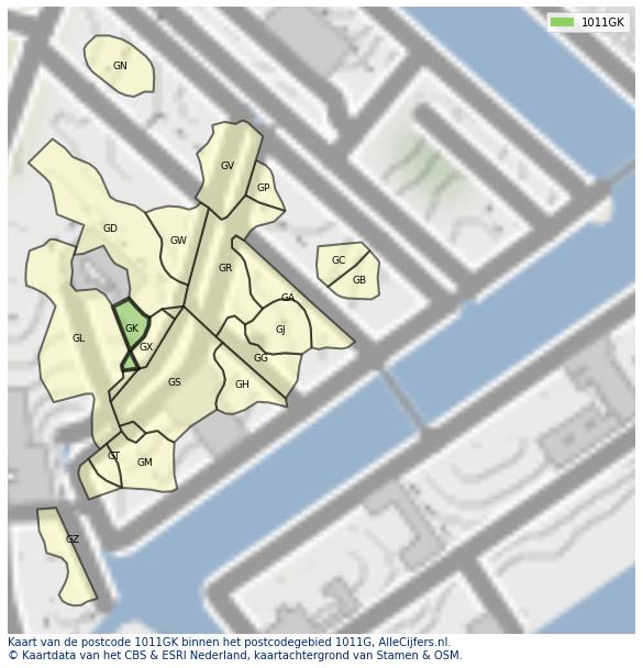 Afbeelding van het postcodegebied 1011 GK op de kaart.