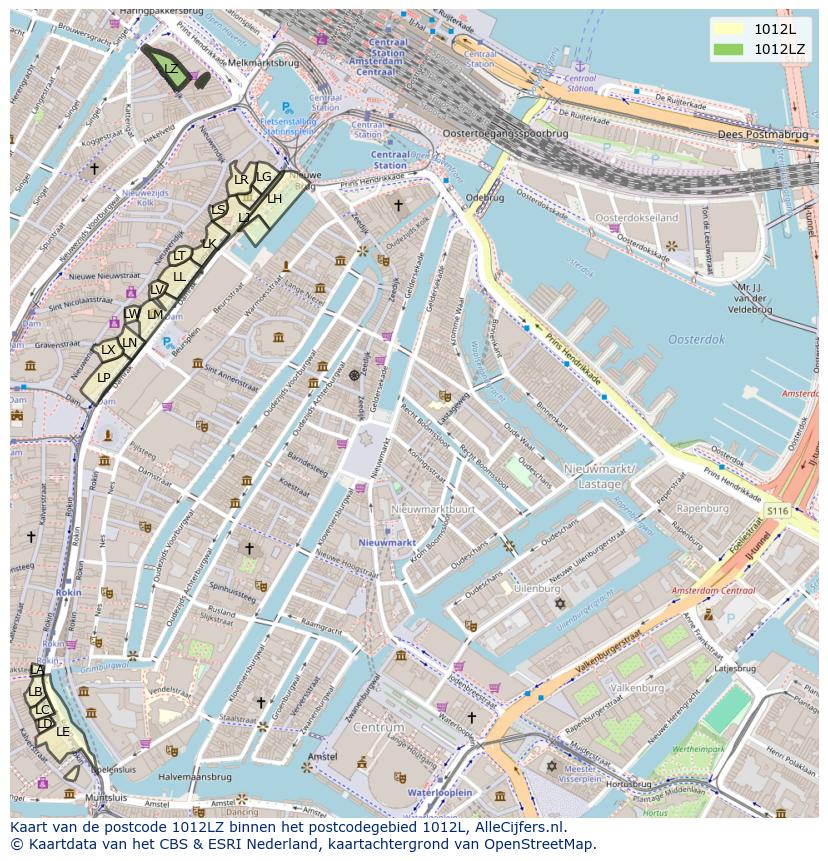Afbeelding van het postcodegebied 1012 LZ op de kaart.