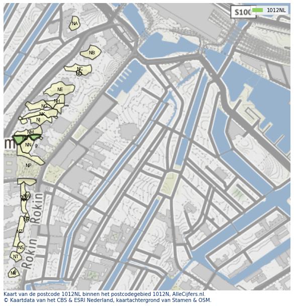 Afbeelding van het postcodegebied 1012 NL op de kaart.