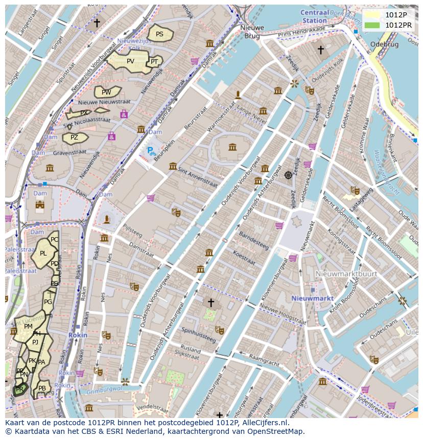 Afbeelding van het postcodegebied 1012 PR op de kaart.