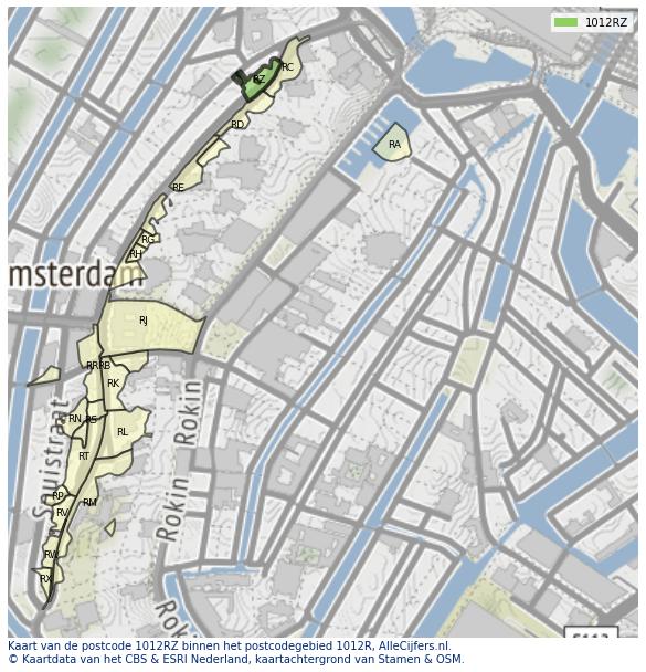 Afbeelding van het postcodegebied 1012 RZ op de kaart.