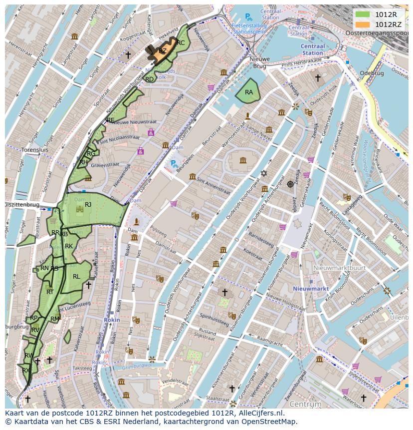 Afbeelding van het postcodegebied 1012 RZ op de kaart.