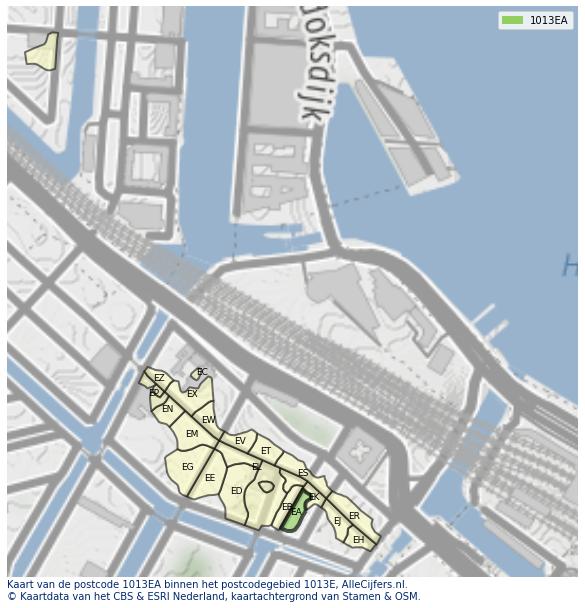 Afbeelding van het postcodegebied 1013 EA op de kaart.