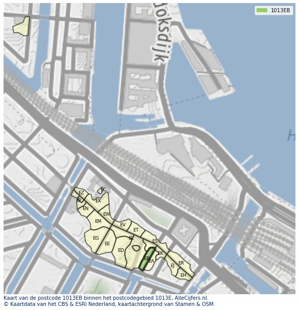 Afbeelding van het postcodegebied 1013 EB op de kaart.
