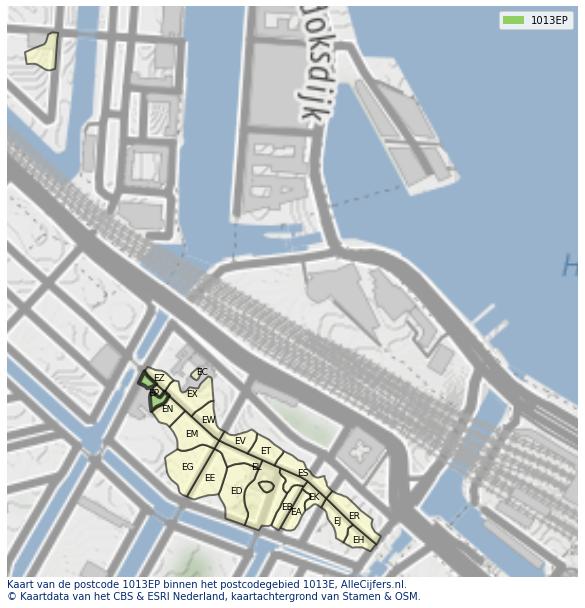 Afbeelding van het postcodegebied 1013 EP op de kaart.