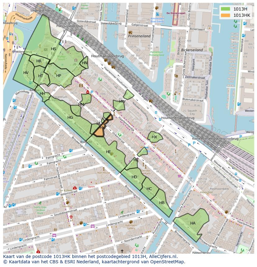Afbeelding van het postcodegebied 1013 HK op de kaart.