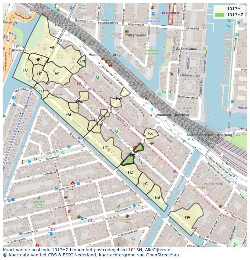 Afbeelding van het postcodegebied 1013 HZ op de kaart.