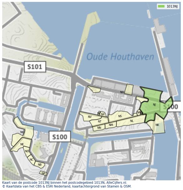 Afbeelding van het postcodegebied 1013 NJ op de kaart.