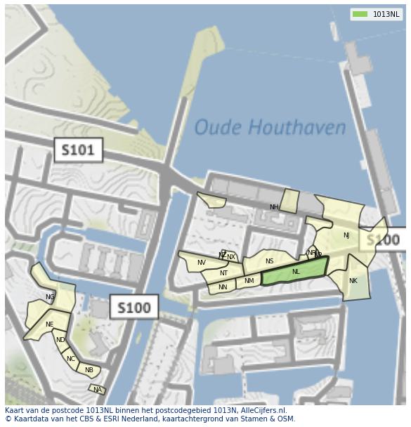 Afbeelding van het postcodegebied 1013 NL op de kaart.