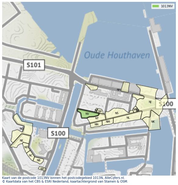 Afbeelding van het postcodegebied 1013 NV op de kaart.
