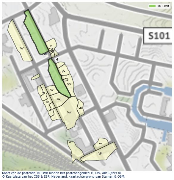 Afbeelding van het postcodegebied 1013 VB op de kaart.