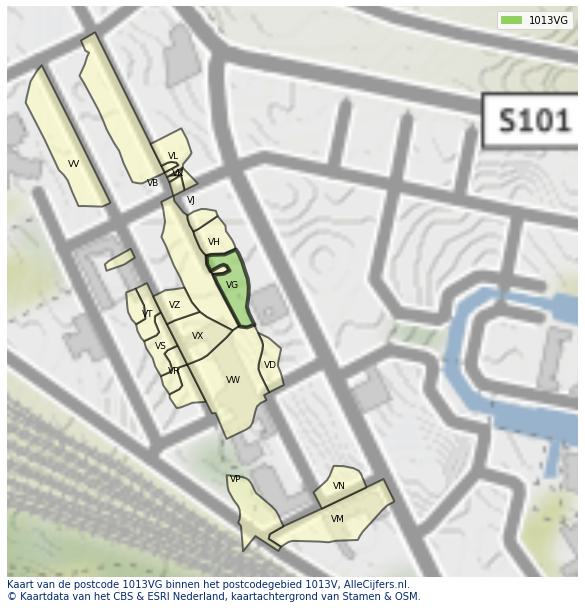Afbeelding van het postcodegebied 1013 VG op de kaart.